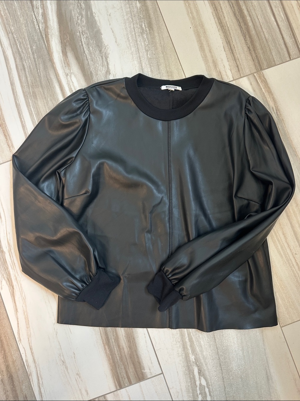 Black Faux Leather Puff Sleeve Top